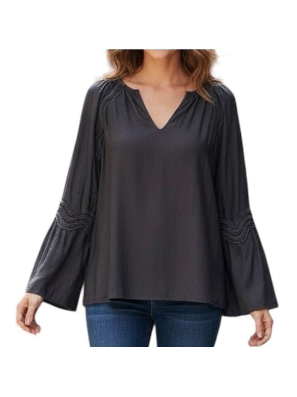 RAMY BROOK DARK GREY LONG SLEEVE BLOUSE TOP SIZE XS BELL SLEEVE